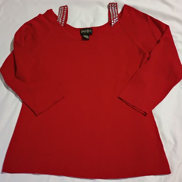 CHRISTMAS Sweater Medium Peak-a-Boo Shoulder Bedazzled Red 3/4-sleeved Tunic - Picture 4 of 9